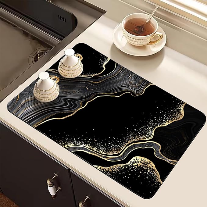 Dish Drying Mat for Kitchen Counter, Black and Gold Marble Design, Washable Absorbent Quick Dry Pad with Rubber Backing, Draining Mat for Dishes Coffee Table, 16" x 24"