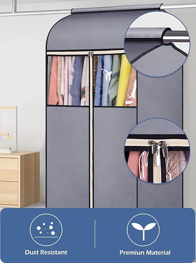 SLEEPING LAMB 60'' Hanging Garment Bags for Closet Storage Sealed Completely Jackets Coats Suits Clothes Rack Cover for Wardrobe with Clear PVC Window, 2 Packs, Grey (Hanging Rod Not Included)