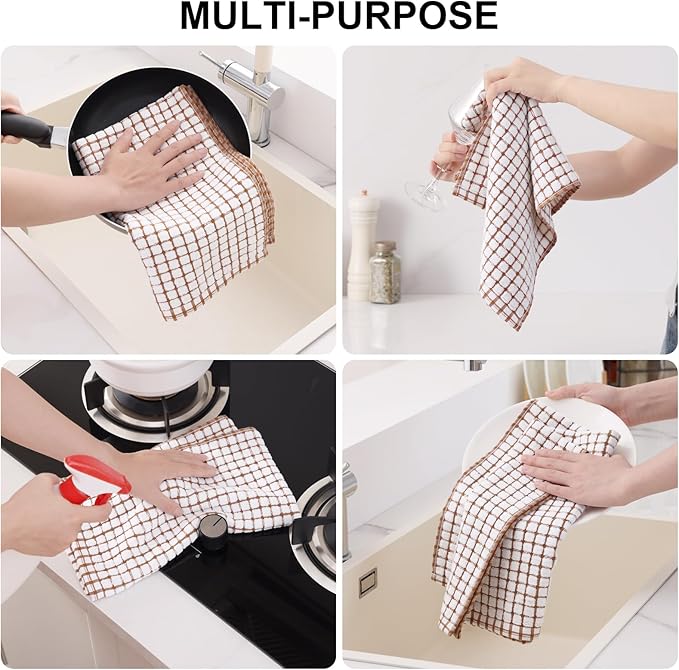 Kitinjoy Cotton 12 Pack Terry Kitchen Towels, 16 x 25 Inches Super Soft and Absorbent Dish Towels, Quick Drying Hand Towels for Kitchen Drying, Brown