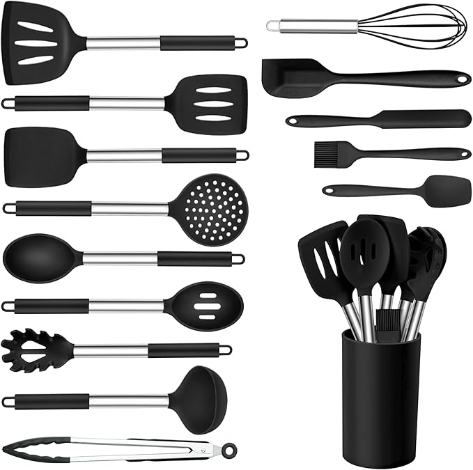 Onader Kitchen Utensils Set, 15 Pcs Silicone Cooking Utensils Set with Holder and Heat Resistant Stainless Steel Handle for Nonstick Cookware - Black