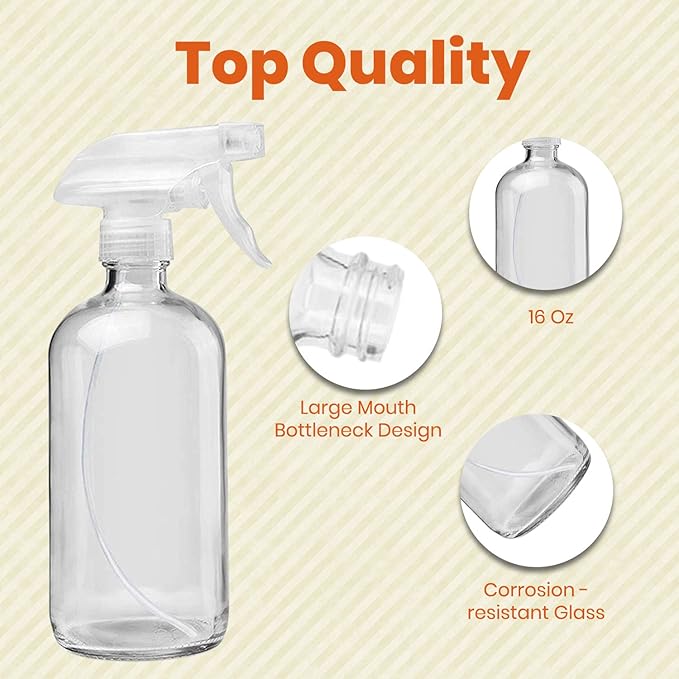 Clear Glass Spray Bottles For Cleaning Solutions (4 Pack) - 16 Ounce, Refillable & Reusable Sprayer for Essential Oil, Water, Kitchen, Hair. Durable Black Trigger Sprayer w/Mist and Stream Settings