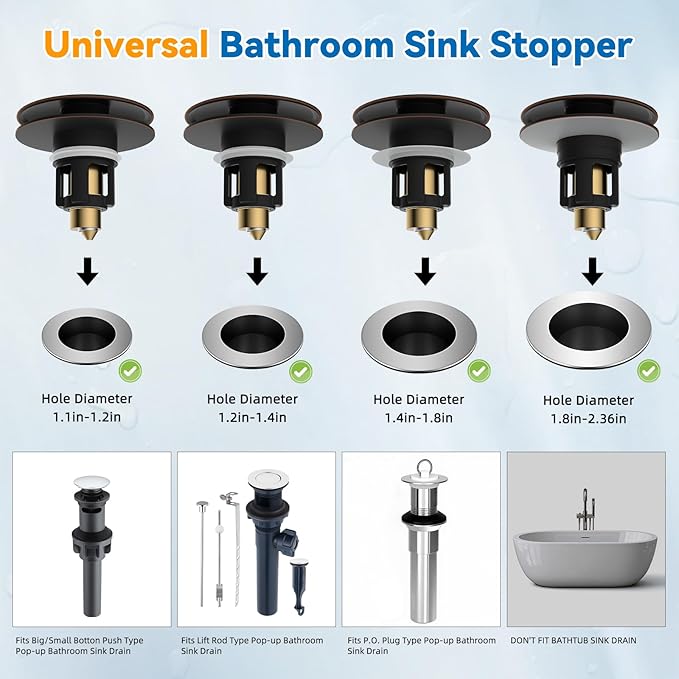 Universal Bathroom Sink Stopper, Metal Pop Up Sink Drain Strainer with Hair Catcher, Fit 1.1"-2.36" US Basin, Wash Basin Drain Plug