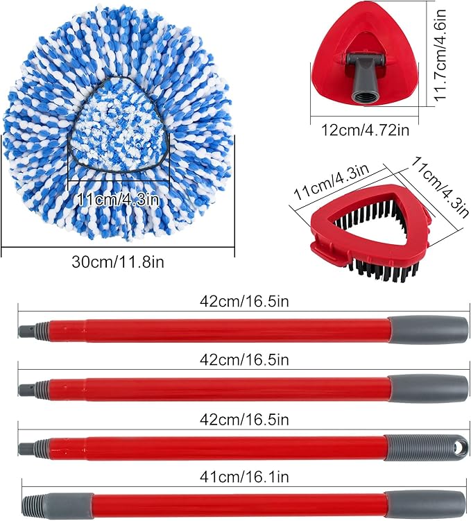 Spin Mop Handle,Mop Head,Base and Brush for OCedar RinseClean 2 Tank System,Include 2 Microfiber Spin Mop Replacement Head,4 Section 30-58" Iron Mop Handle,1 Base and 1 Scrub Brush for Floor Cleaning