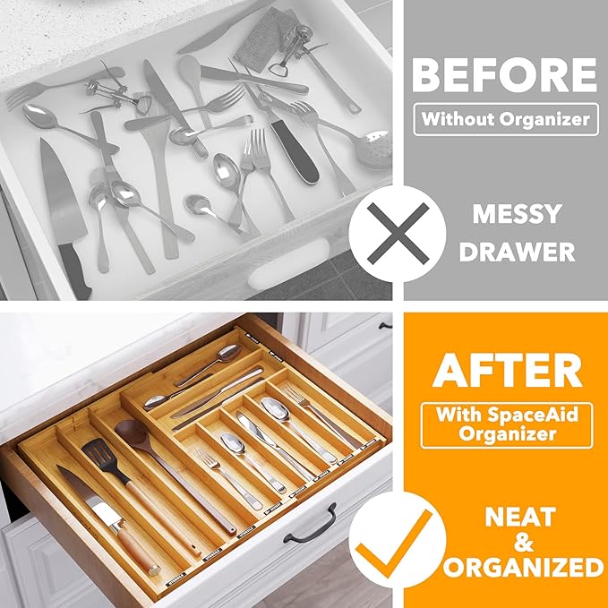 SpaceAid Bamboo Silverware Drawer Organizer with Labels, Kitchen Utensil Expandable Tray Holder Organizer for Flatware, Cutlery, Spoon and Knives Drawer Storage Organization (Natural, 10 Slots)