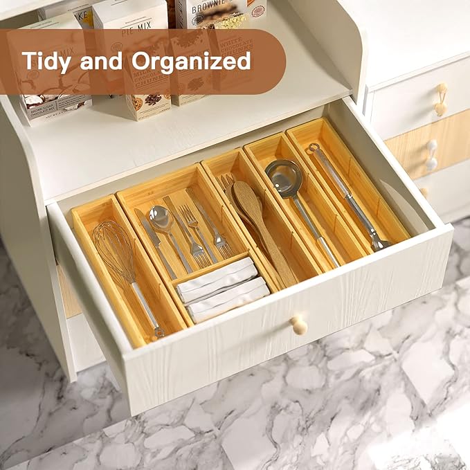 DUJEN 5 pieces Bamboo Drawer Organizer, Adjustable 3 Individual Junk Drawer organizer for Bathroom and Kitchen, Wood Drawer Organier Boxes for Jewellery, Make up and Tea Bag
