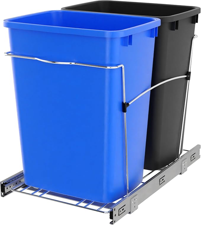 Rev-A-Shelf RV-18KD-2218C-S Double Pullout Trash Cans for Kitchen Cabinets 35 Quart Garbage Recycling Bin on Full Slides, Blue/Black