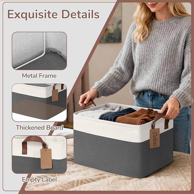 4 Pack Large Storage Baskets for Shelves, Gray & White