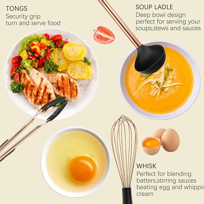 Silicone Cooking Utensil Set,14 Pcs Kitchen Utensils Set with Holder Non-stick Heat Resistant Cookware Cooking Turner Tongs Spatula Spoon with Stainless Steel Handle (Gold Black) BPA Free, Non Toxi