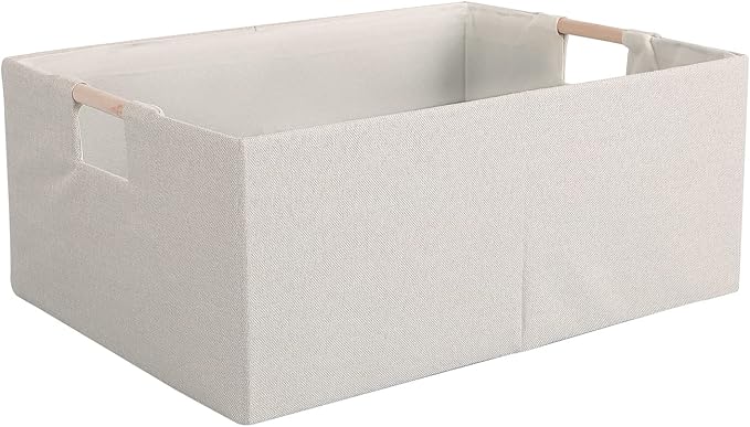 Fabric Storage Bin Box Foldable Cotton Linen Storage Basket with Wooden Handles Rectangular Cube Decorative Home Laundry Organizer Clothes Blanket Container - Beige, Large