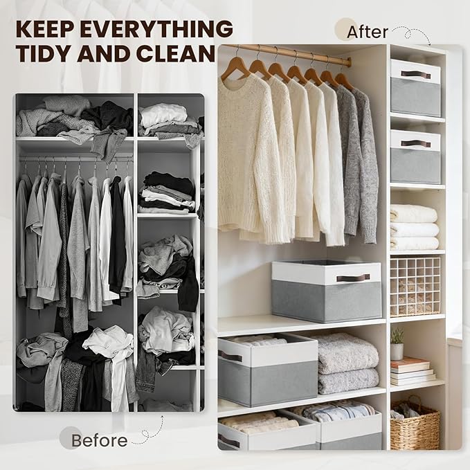 Closet Organizers and Storage Baskets, 6 Pack Shelf Organizer Bins with Handles