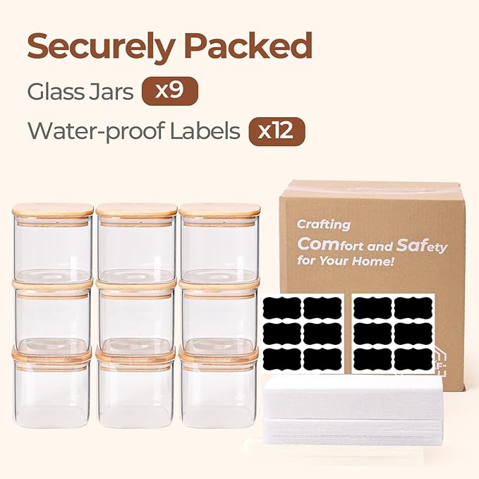 ComSaf 0.7 Qt Glass Food Storage Jars Set of 9, Clear Glass Storage Containers with Lids, Pantry Organization Jar, Spice, Blooming Tea, Oat