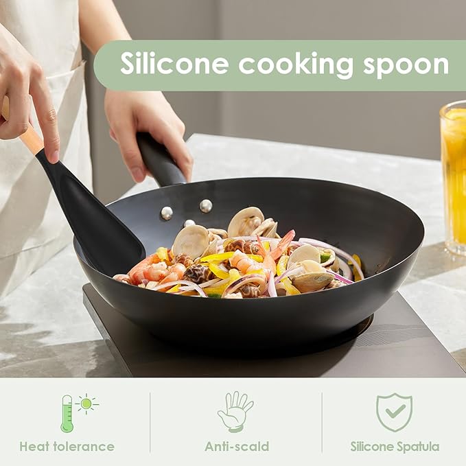4Pcs Silicone Spatula Set with Wooden Handle, Black White Cooking Spoon Spatula Multipurpose Kitchen Utensils for Mixing, Scraping, Serving, Heat Resistant, Non-Stick Safe, 2 Large 2 Small