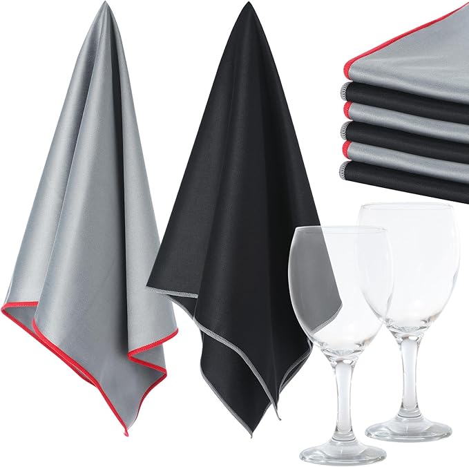 VitalCozy 6 Pcs Wine Glass Polishing Cloths Large Microfiber Cleaning Cloths 25 x 20 Inch Lintless Towels for Drying Wine Glasses Cleaning Window Stemware Dishes Glassware (Black, Gray)