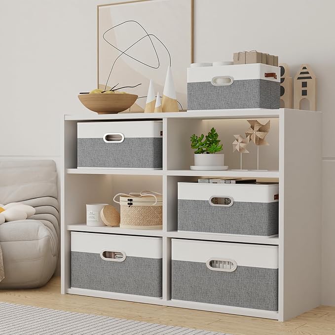 Yawinhe Fabric Storage Baskets, Foldable Closet Organizer for Shelves, Large Boxes with 3 Handles, Canvas Bins for Clothes, White/Grey
