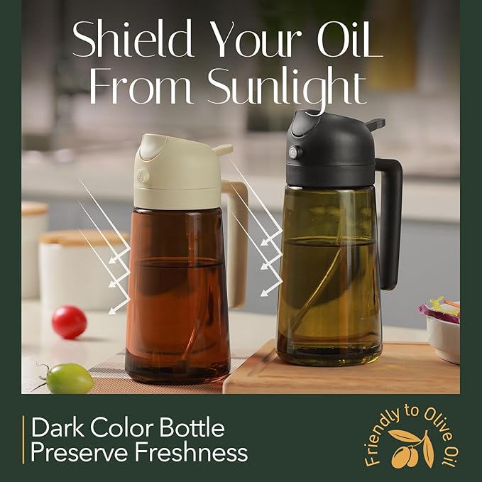 YARRAMATE 16oz/470ml Light Blocking Oil Sprayer for Cooking with Stickers, Food-Grade 2 in 1 Olive Oil Dispenser Bottle for Kitchen, Premium Dark Amber Glass Oil Bottle for Air Fryer, BBQ (Black)