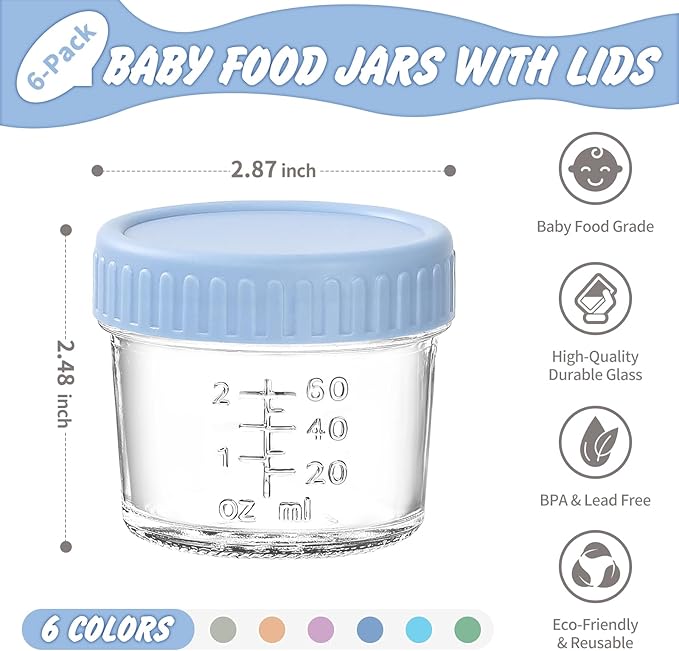 DRKIO 6 Pack Glass Baby Food Storage Containers - 4 Oz Baby Food Jars with Lids Baby Food Maker Microwave Dishwasher Freezer Safe 100% Leak Proof BPA Free Reusable