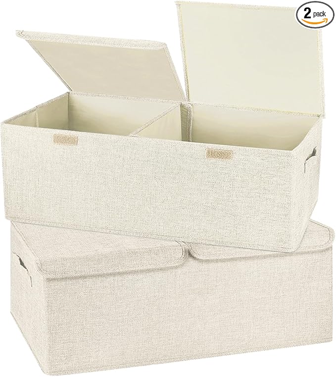 2 Pack Large Storage Boxes with Lids and Handles, Cream, Small