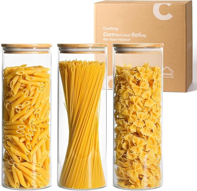 ComSaf Glass Spaghetti Pasta Storage Container with Lids 2 Qt Set of 3