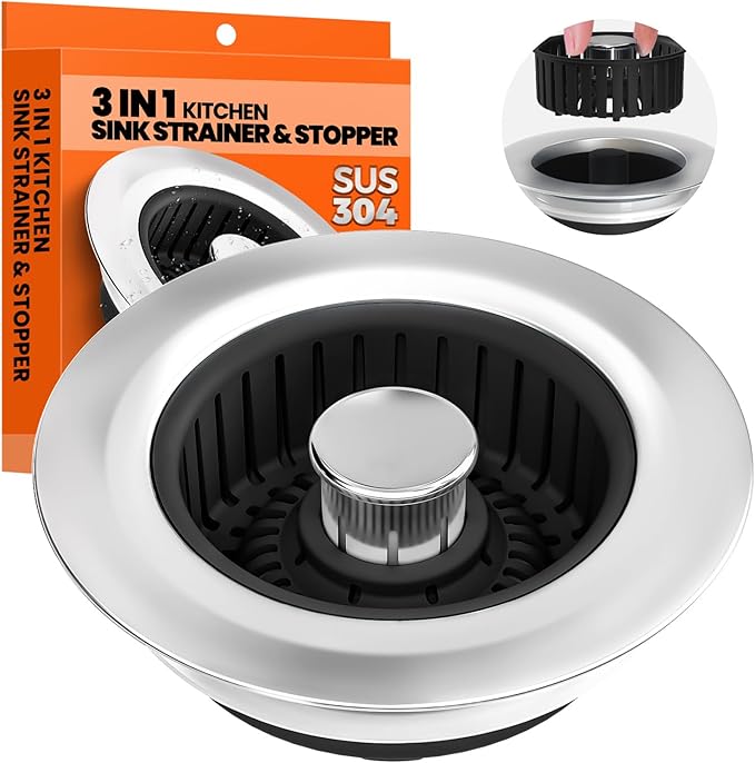 3 in 1 Kitchen Sink Drain Strainer & Sink Stopper Upgraded Stainless Steel Drain Plug with Anti-Clog Basket Drain Stopper Combo