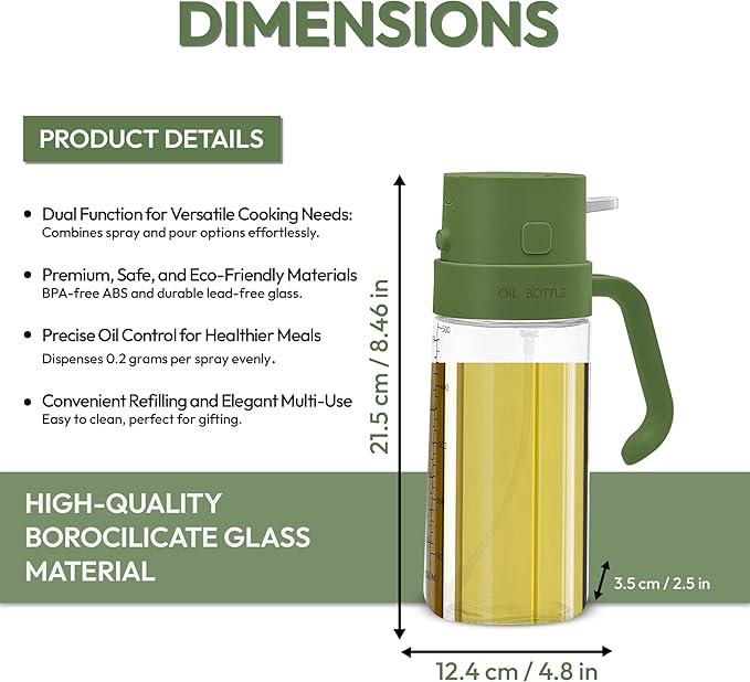 2-in-1 Green 18oz / 550ml - Olive Oil Sprayer for Cooking,Salad and BBQ, Leakproof Oil Dispenser for Frying, Glass OliveOil Multifunctional Sprayer / Dispenser Bottle for cooking, Oil Mister Bottle