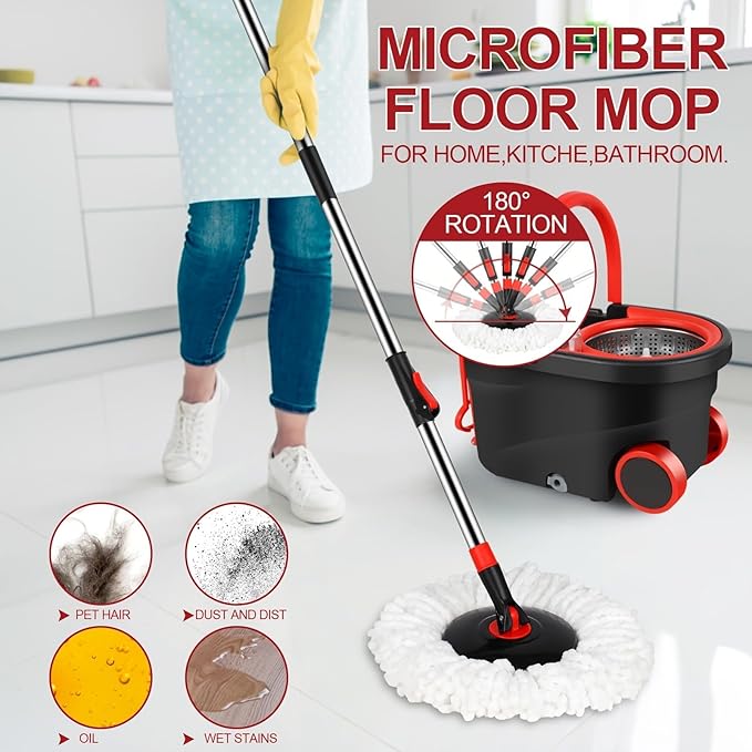 360° Spin Mop and Bucket System with Wringer - 61" Stainless Steel Handle & 3 Microfiber Refills, Self-Cleaning Floor Mop for Tile, Hardwood, Laminate Floors