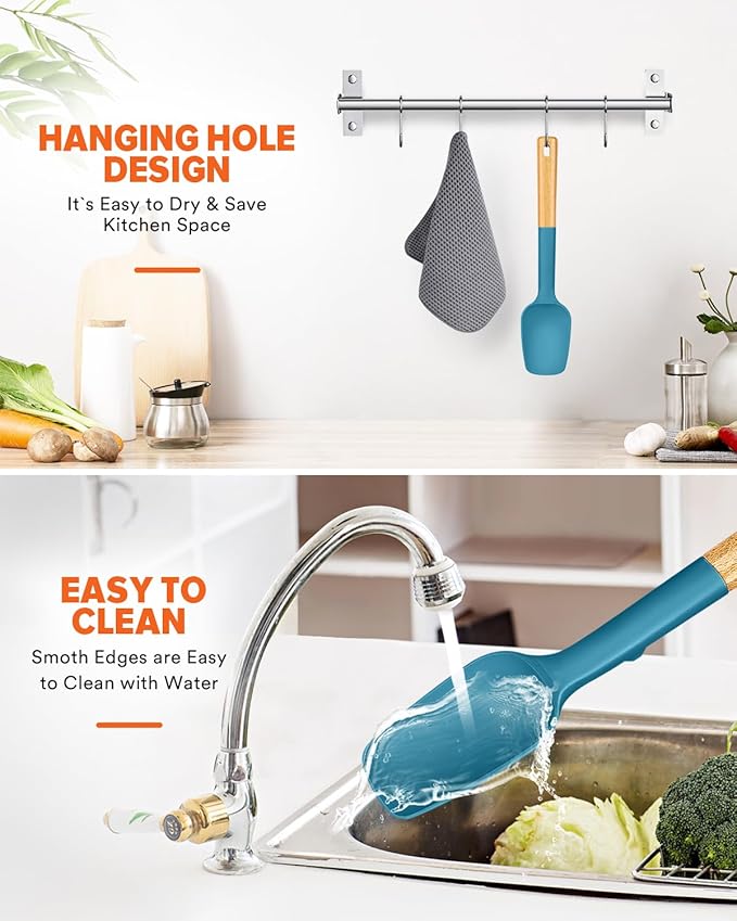 Silicone Spoon Spatula, Great For Scraping Bowls And Scooping Batter, Sturdy Bpa-Free Matte Silicone, Wooden Handle Rubber Spatula For Nonstick Cookwares (TURQ)