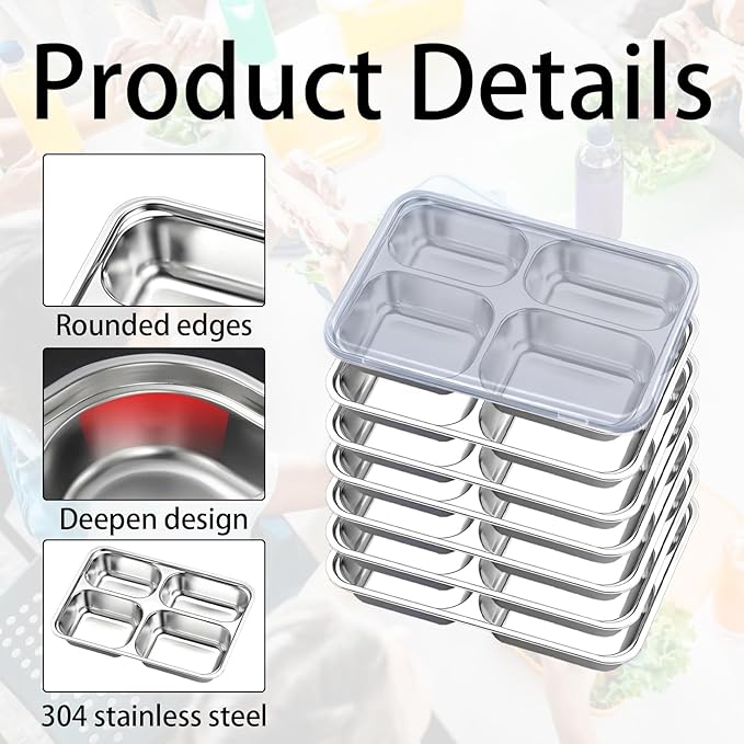 6Pcs Stainless Steel Snack Containers with Lids 4 Compartment Bento Box Stainless Steel Lunch Box for Adults Reusable Meal Prep Lunch Containers for Home Work Travel Party