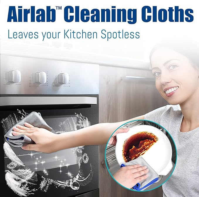 Airlab Streak Free Miracle Cleaning Cloth Easy Clean Pack of 8-12" x 16" Microfiber Dish Cloths Glass Polishing Lint Free for Kitchen Mirrors Wine Car