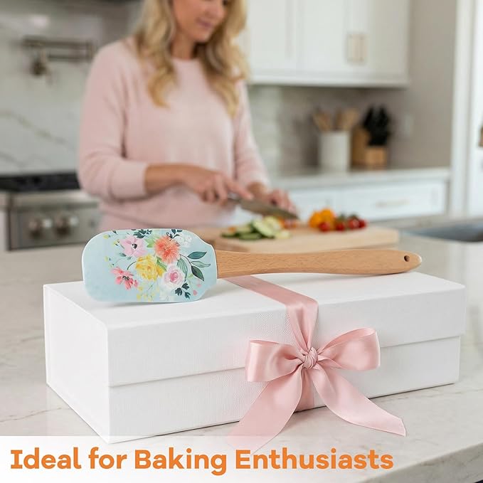 MAGICLULU 2Pcs Floral Silicone Spatula Set with Wooden Handle, Heat Resistant Rubber Scraper for Baking Cake Mixing, Non-Stick Kitchen Utensils for Cooking, Flower Pattern 11.8 Inch