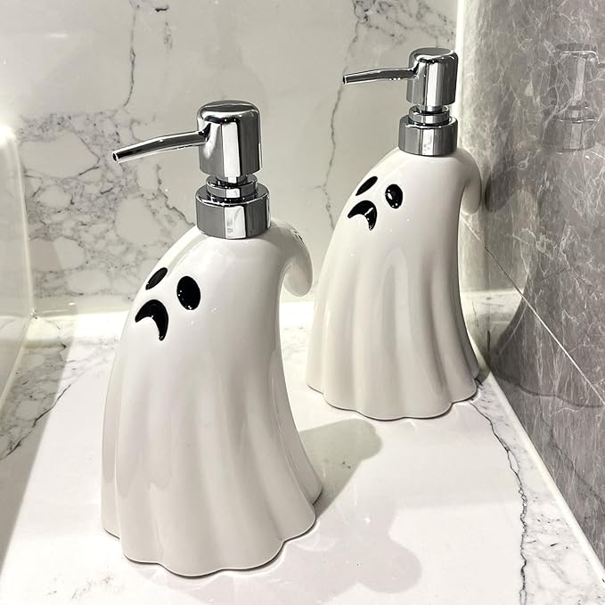 Cute Ceramic Ghost Soap Dispenser - 1pc Ghost Shape Lotion Bottle, Refillable Hand Liquid Soap Dispenser with Pump for Bathroom Decor, Dish Soap Bottle for Kitchen Countertop 400ml/13.5oz