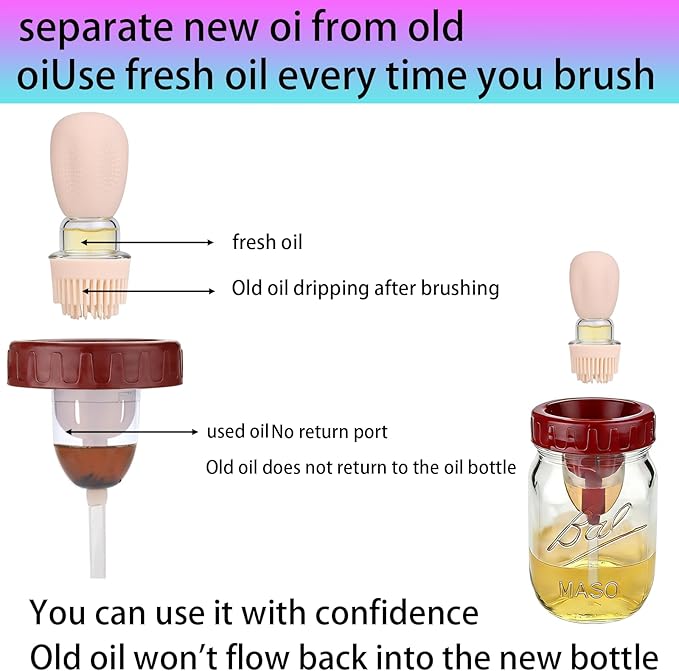 Oil Sprayer for Mason Jars 70mm, Oil Brush Dispenser for Salads, Grilling, Frying，3 IN 1 Oil Dispenser Bottle with Silicone Basting with Separate old oil(Glass Jars Not Included) (4, Wine Red, 70MM)