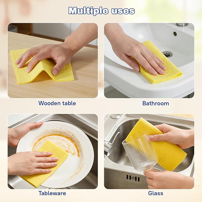 10 Pack Reusable Cellulose Sponge Cloths, Super Absorbent Washable Kitchen Cleaning Cloths, 95% Natural Cellulose + Cotton, Compostable for Dishes Counters Bathroom