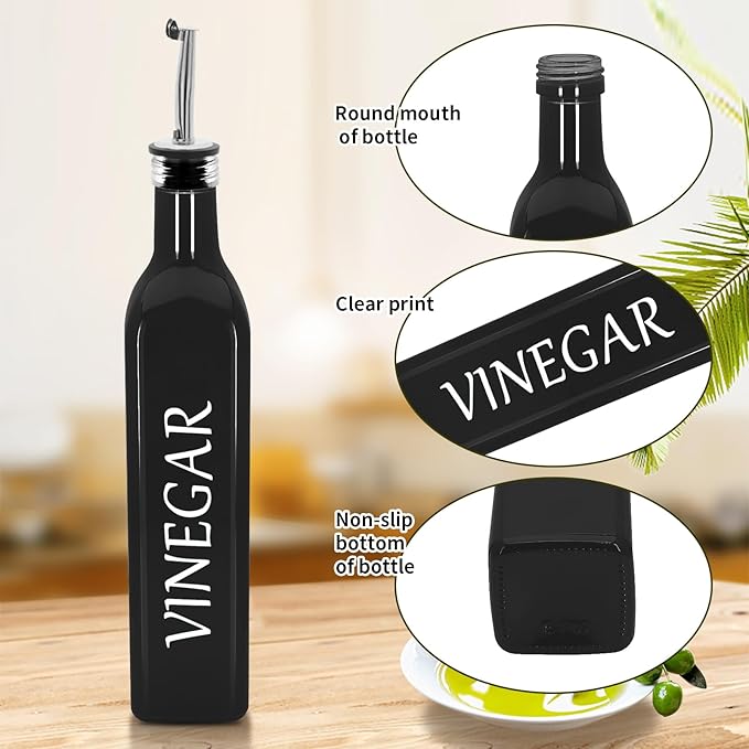 1 Pc 17oz Olive Dispenser Bottle,500ml Glass Oil and Vinegar Dispenser Set with 1 Stainless Steel Pourers,Funnel Bottles for Kitchen (Black Vinegar)