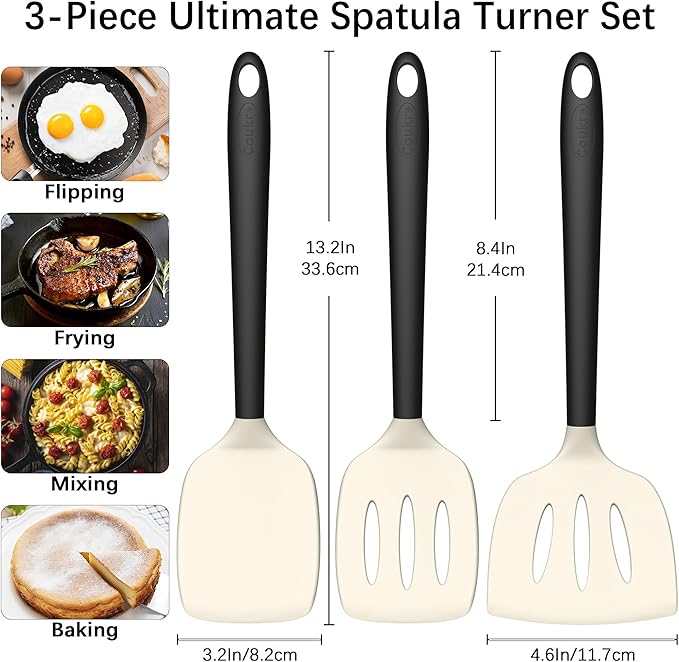 Coukre 3 Pack Silicone Spatula Set, High Heat Resistant, BPA-Free, Fish Spatula, Solid & Slotted Turner for Non-Stick Pans, Flipping Eggs, Pancakes, Fish, Burgers (3, BeigeBlack)