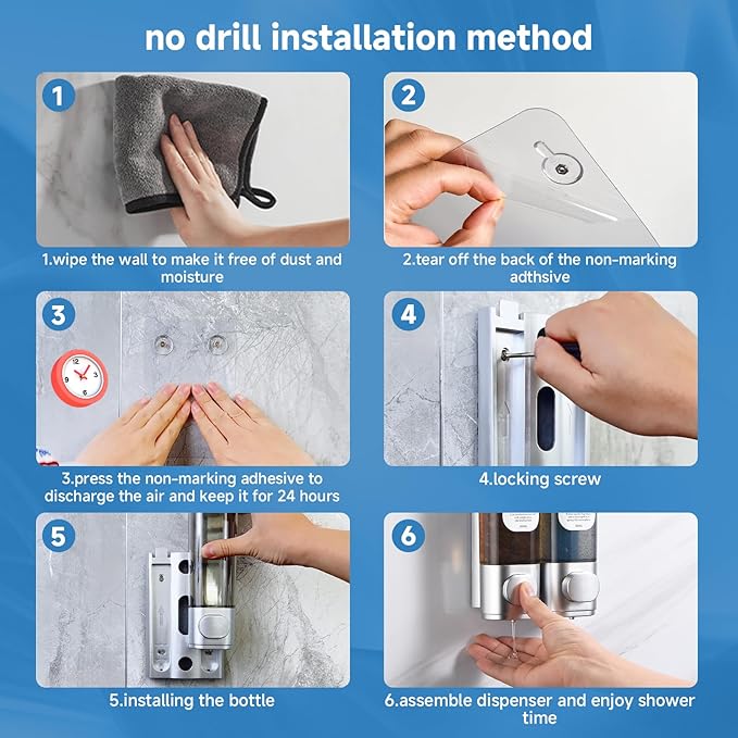Shampoo and Conditioner Dispenser, Refillabe Shower Soap Dispensers 2 Chamber No Drill Shampoo Dispenser for Shower Wall Mounted 2 * 300ml Container for Bathroom Hotel (Sliver 2 Chamber)