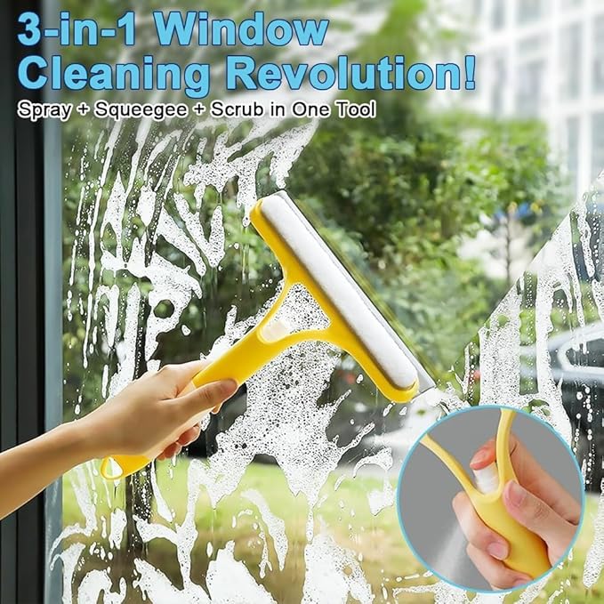 3 in 1 Window Cleaner Tool with Built-in Spray Bottle, Squeegee and Brush - 2026 New for Shower Glass, Mirrors, Car Windows (Yellow)