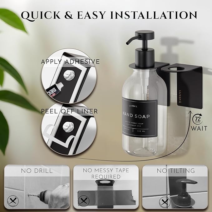 Shower Shampoo Dispenser Wall Mounted – Refillable 16.9 oz Clear Bottle with Stainless Steel Pump & No-Drill Adhesive Holder – Soap Dispenser for Bathroom (1 X Clear/Black)
