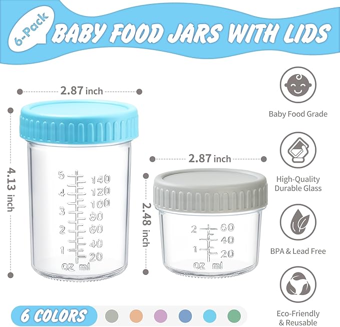 DRKIO 6 Baby Food Jars - 4 & 8 oz, Leak Proof Storage