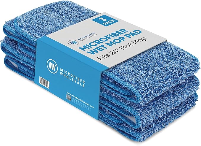 Microfiber Wholesale 24 inch Microfiber Mop Pads - Machine Washable, Reusable, Refills & Replacement Wet Mop Heads Compatible with Any Microfiber Flat Mop System (3 Pack)
