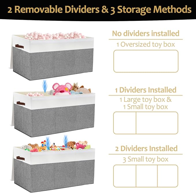Gowee Extra Large Toy Storage Box with Lid, Sturdy Toys Storage Chest Bin Organizer Basket with Dividers for Kids, Boys, Girls, Nursery, Closet, Bedroom, Playroom 35.5"x17" x17"(Grey and White)