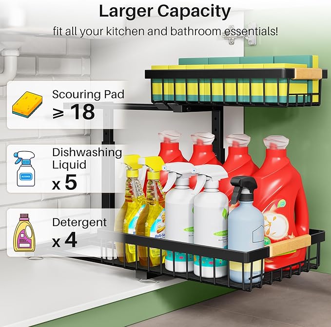 Kitstorack Under Sink Organizer, 2 Tier Under the Sink Storage, Slide out Pull out Cabinet Organizer Shelf