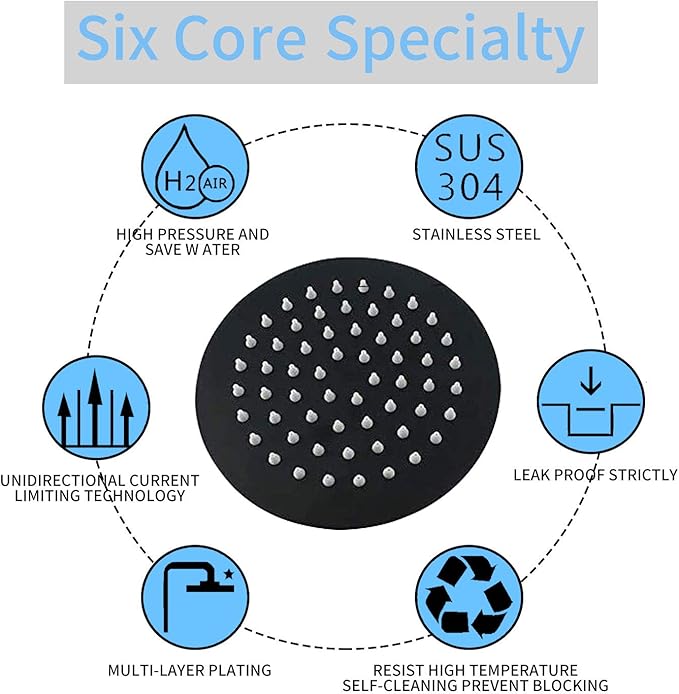 Black Shower Head GGStudy 6 inch Round Rain Shower Heads Stainless Steel High Pressure Ultra Thin Rainfall Bath Shower Self-cleaning Silicone Nozzle