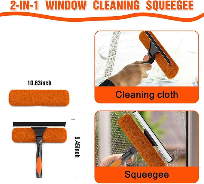 16FT Reach Window Squeegee Kit with Extension Pole, 2-in-1 Professional Washer for High Windows, 3-12FT Adjustable Reach
