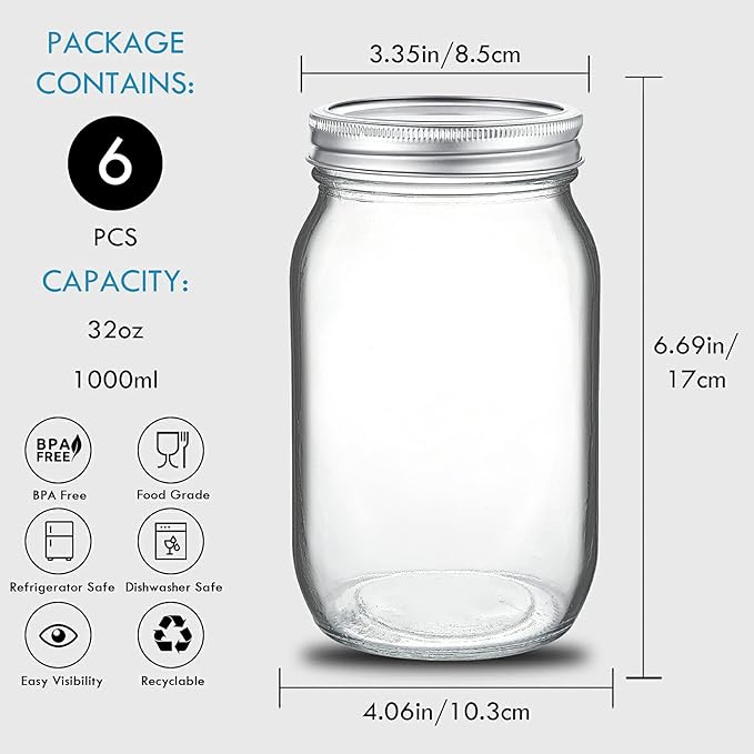 YEBODA 6 Pack Wide Mouth Mason Jars 32oz Glass Canning Jars with Airtight Lids and Bands for Preserving, Jam, Honey, Jelly, Wedding Favors, Sauces