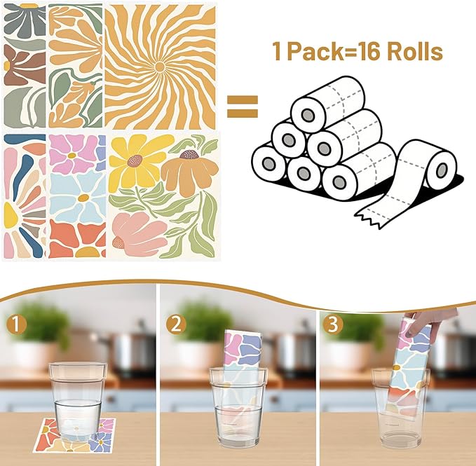 Boho Floral Swedish Dishcloths for Kitchen, 6PCS Retro Groovy Swedish Dish Cloths Gift Set, Reusable Absorbent Cellulose Sponge Dish Towel for Home Cleaning(7.8 X 7 Inches)