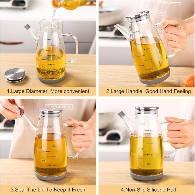 Glass Oil Dispenser Bottle - Glass Olive Oil Bottle for Kitchen, Wide Mouth Borosilicate Glass Cooking Oil Bottles with Lid and Handle,800ML/27oz