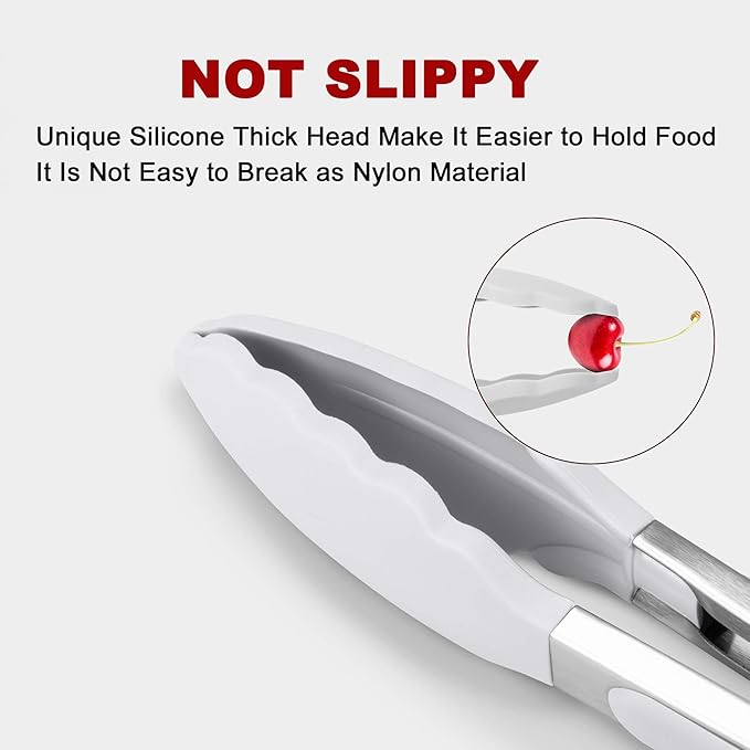 2 Pack Silicone Kitchen Tongs – 9" & 12" Set, Heat Resistant up to 500°F, Non‑Stick Cookware Safe, Wavy Silicone Tips, BPA Free, Locking Clip & Hanging Loop, Light Grey