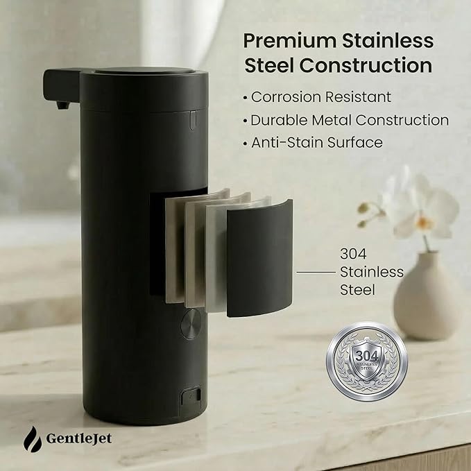 GentleJet SmoothDrop Automatic Liquid Soap Dispenser – Touchless, No-Drip Precision Pump, USB-C Rechargeable, 304 Stainless Steel, Waterproof Countertop Dispenser for Kitchen & Bathroom Sink, 270 ml