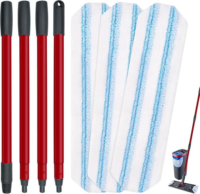 Mop Replacement Pads Compatible with OCedar H2prO Flat Mop System, Mop Handle for Ocedar H2prO Flat Mop, 3 Pack Mop Replacement & 30" to 58" Extendable Length Mop Handle for Ocedar H2prO