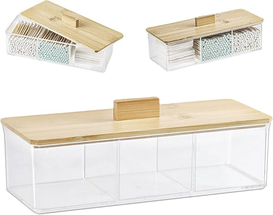 ZEXALOR Clear Bathroom Dresser Organizer - Cotton Ball Swab Holder with 3 Divided Compartments&Lid